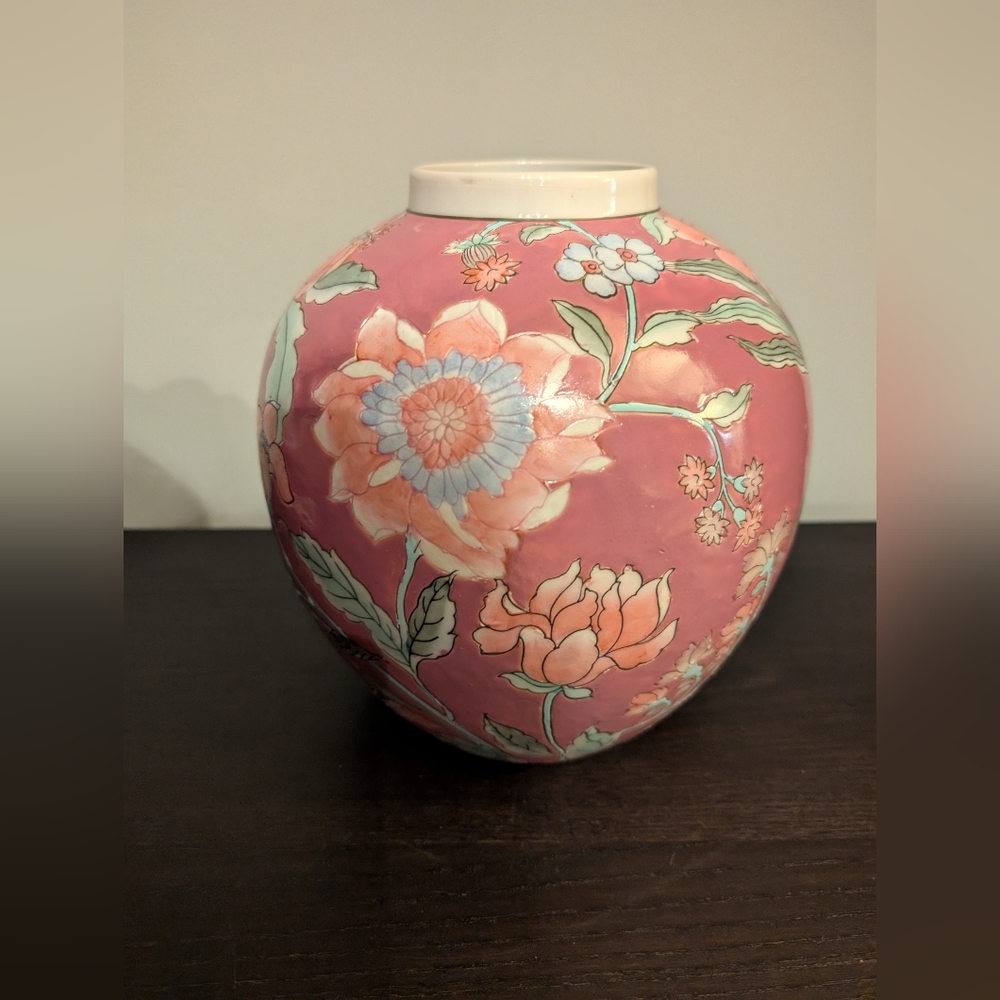 Chinoiserie Floral Vase, Ginger Jar Oriental Urn Shaped Blush Pink No Lid